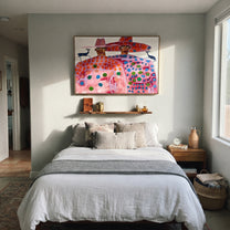 Pink Pattern Fills Silence - patterned figure pair painting by Elliot Vale, modern figurative horizontal wall art - styled room scene view 2