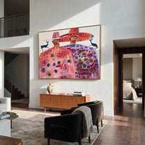 Pink Pattern Fills Silence - patterned figure pair painting by Elliot Vale, modern figurative horizontal wall art - styled room scene view 3