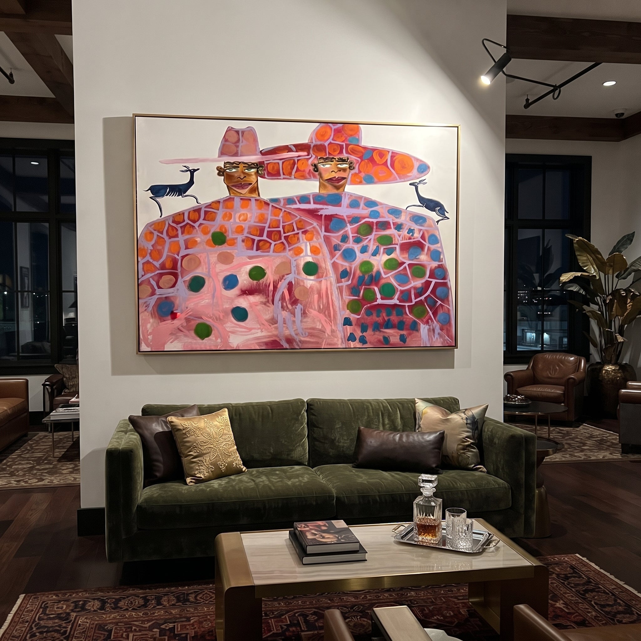 Pink Pattern Fills Silence - patterned figure pair painting by Elliot Vale, modern figurative horizontal wall art - styled room scene view 4
