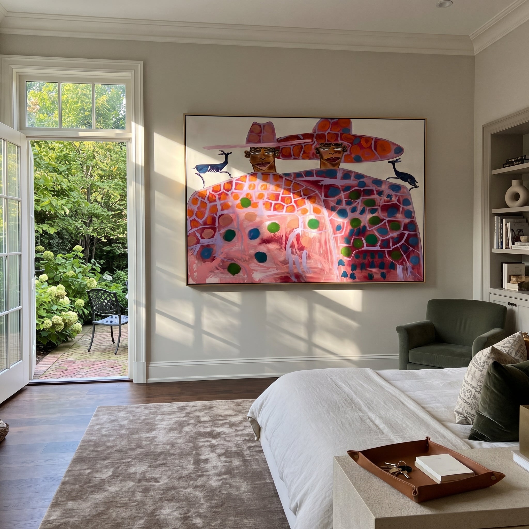 Pink Pattern Fills Silence - patterned figure pair painting by Elliot Vale, modern figurative horizontal wall art - styled room scene view 5