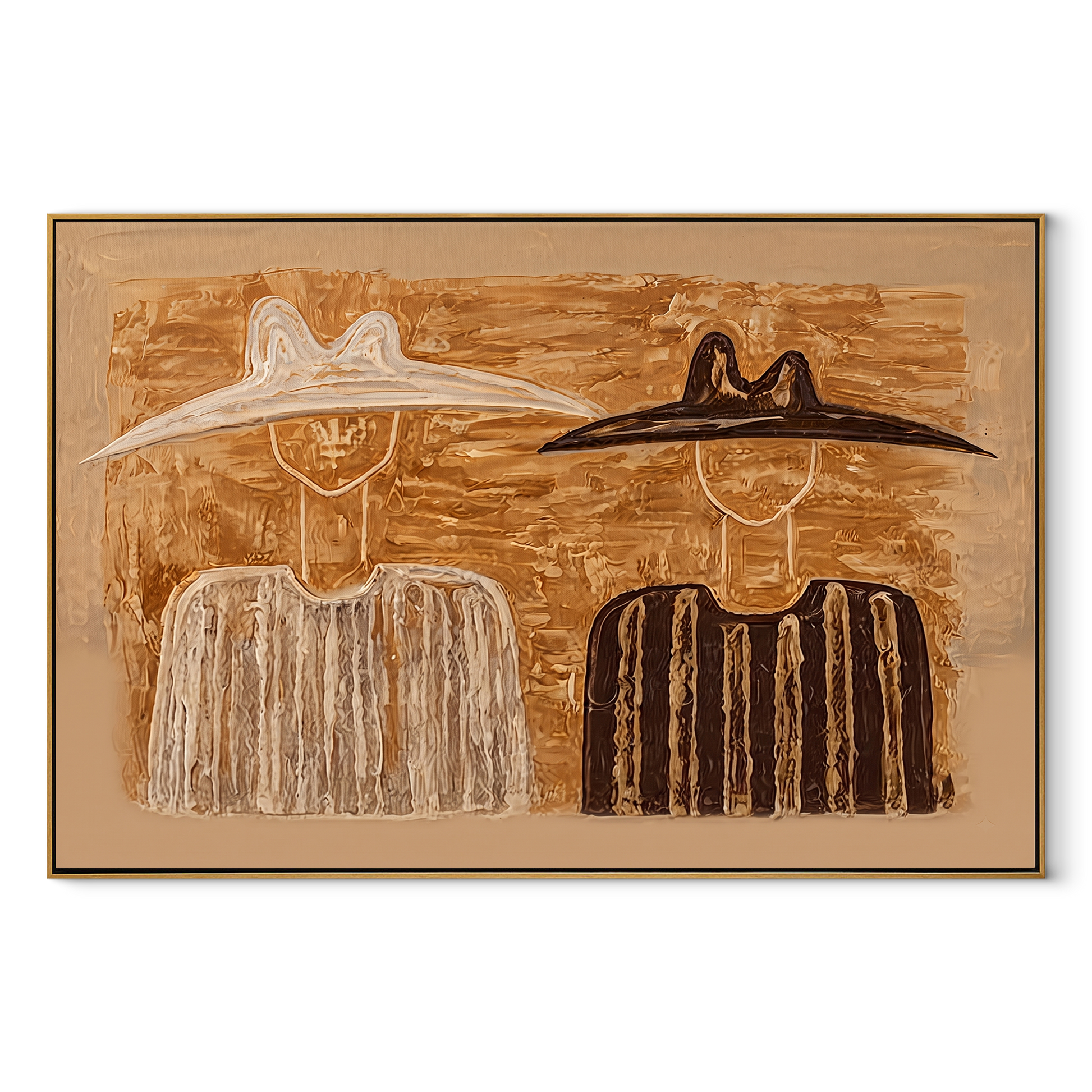 Black Hat Meets Ivory - earth tone figure pair painting by Elliot Vale, modern figurative horizontal wall art - wood frame on white background
