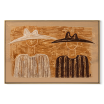 Black Hat Meets Ivory - earth tone figure pair painting by Elliot Vale, modern figurative horizontal wall art - wood frame on white background