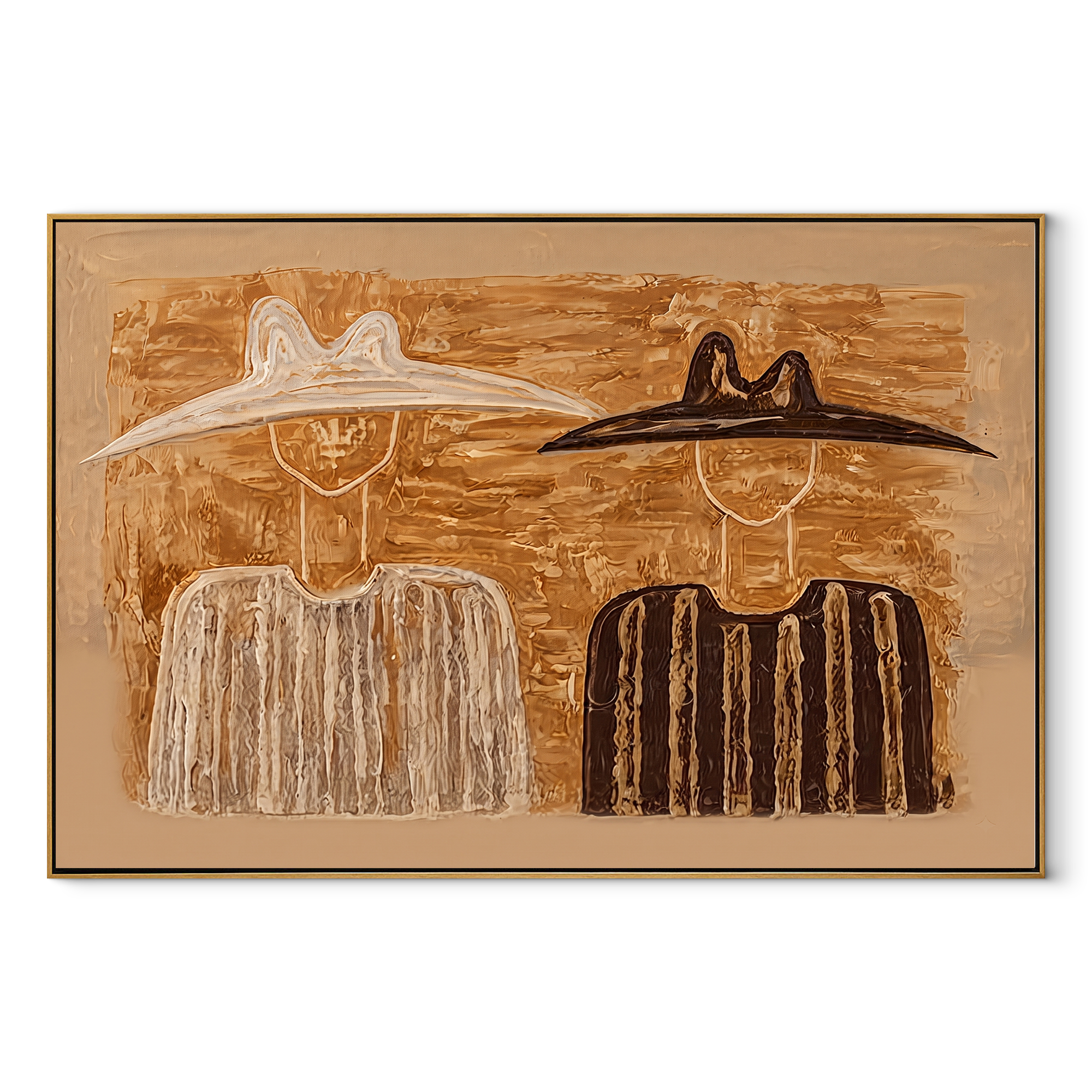 Black Hat Meets Ivory - earth tone figure pair painting by Elliot Vale, modern figurative horizontal wall art - wood frame on white background