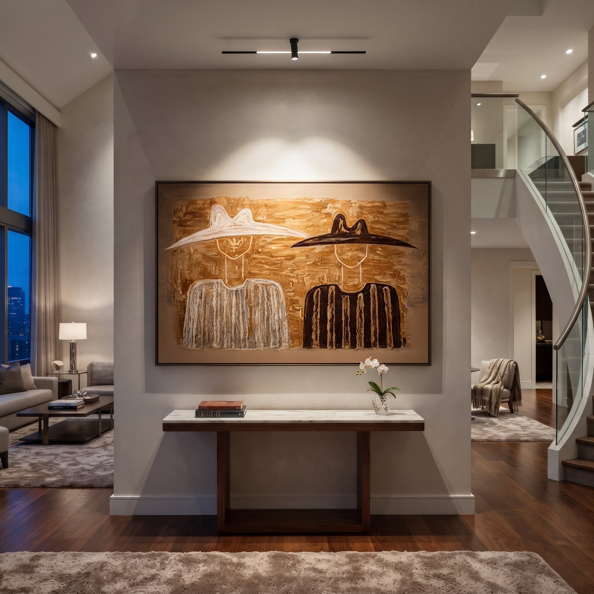 Black Hat Meets Ivory - earth tone figure pair painting by Elliot Vale, modern figurative horizontal wall art - styled room scene view 4