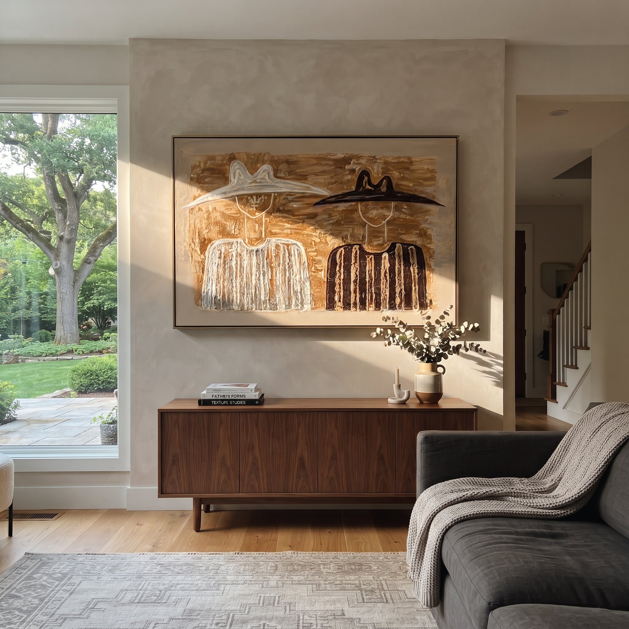 Black Hat Meets Ivory - earth tone figure pair painting by Elliot Vale, modern figurative horizontal wall art - styled room scene view 5