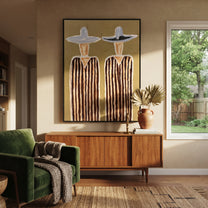 White Hats Crown Stripes - tall striped figure pair painting by Elliot Vale, modern figurative vertical wall art - styled room scene view 1