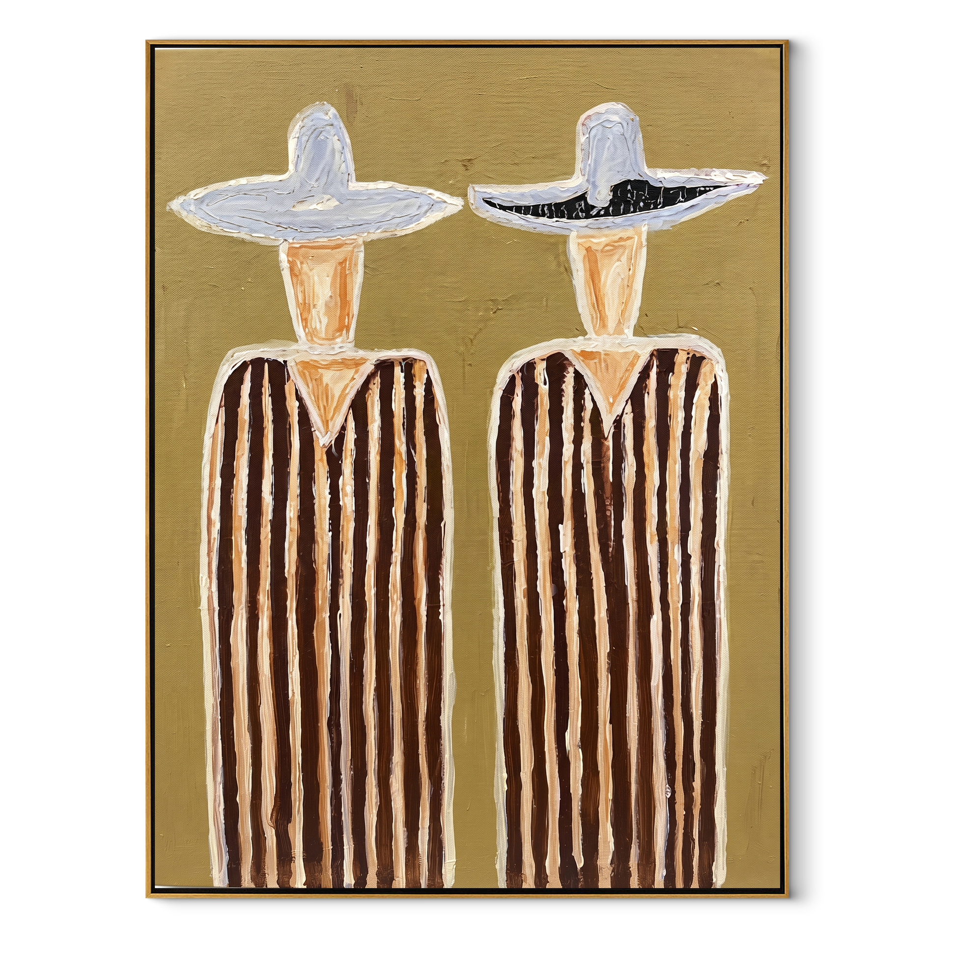 White Hats Crown Stripes - tall striped figure pair painting by Elliot Vale, modern figurative vertical wall art - wood frame on white background