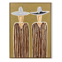 White Hats Crown Stripes - tall striped figure pair painting by Elliot Vale, modern figurative vertical wall art - wood frame on white background