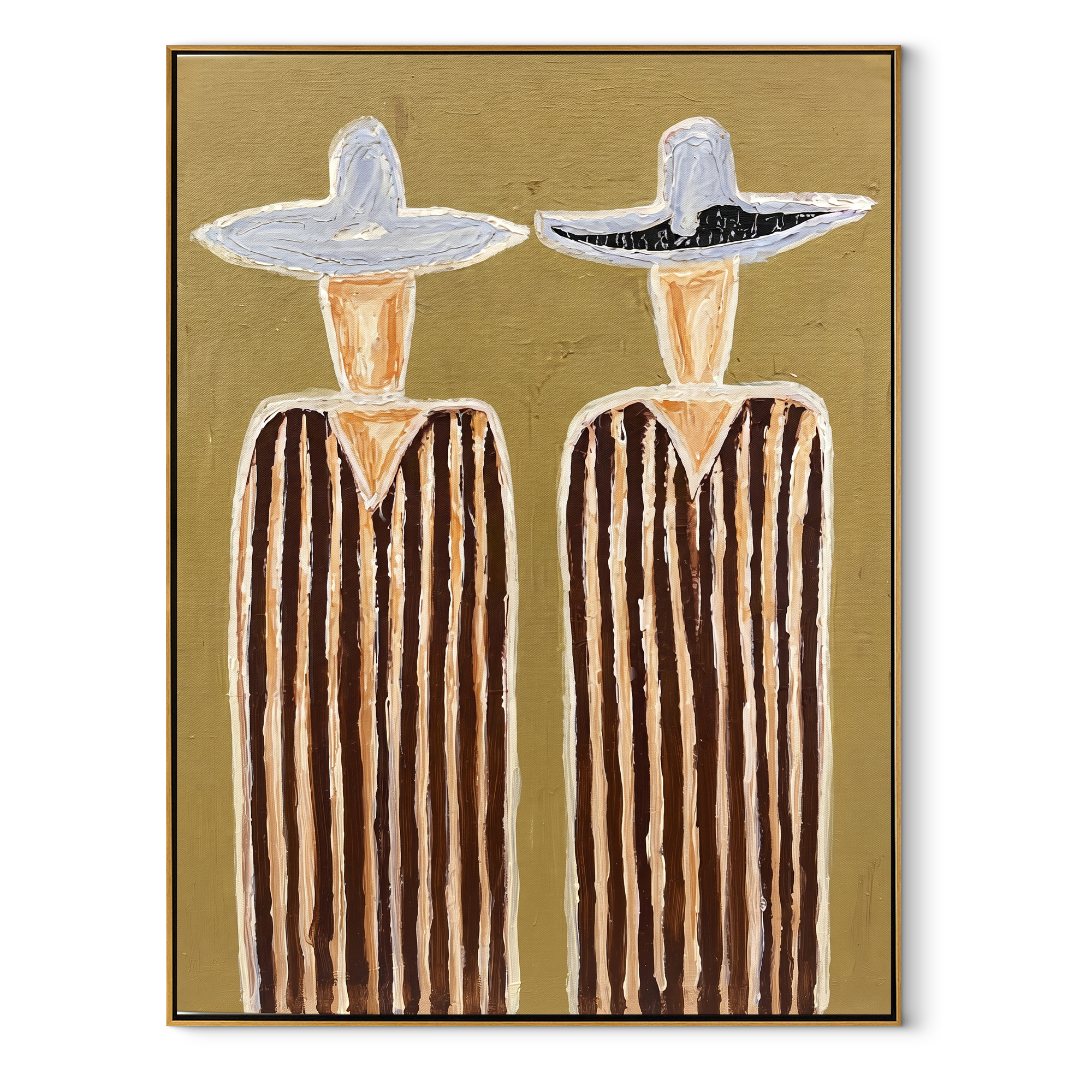 White Hats Crown Stripes - tall striped figure pair painting by Elliot Vale, modern figurative vertical wall art - wood frame on white background