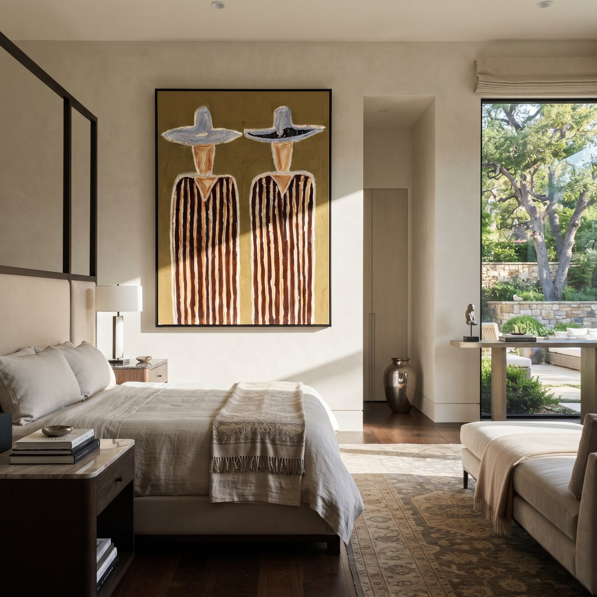 White Hats Crown Stripes - tall striped figure pair painting by Elliot Vale, modern figurative vertical wall art - styled room scene view 2