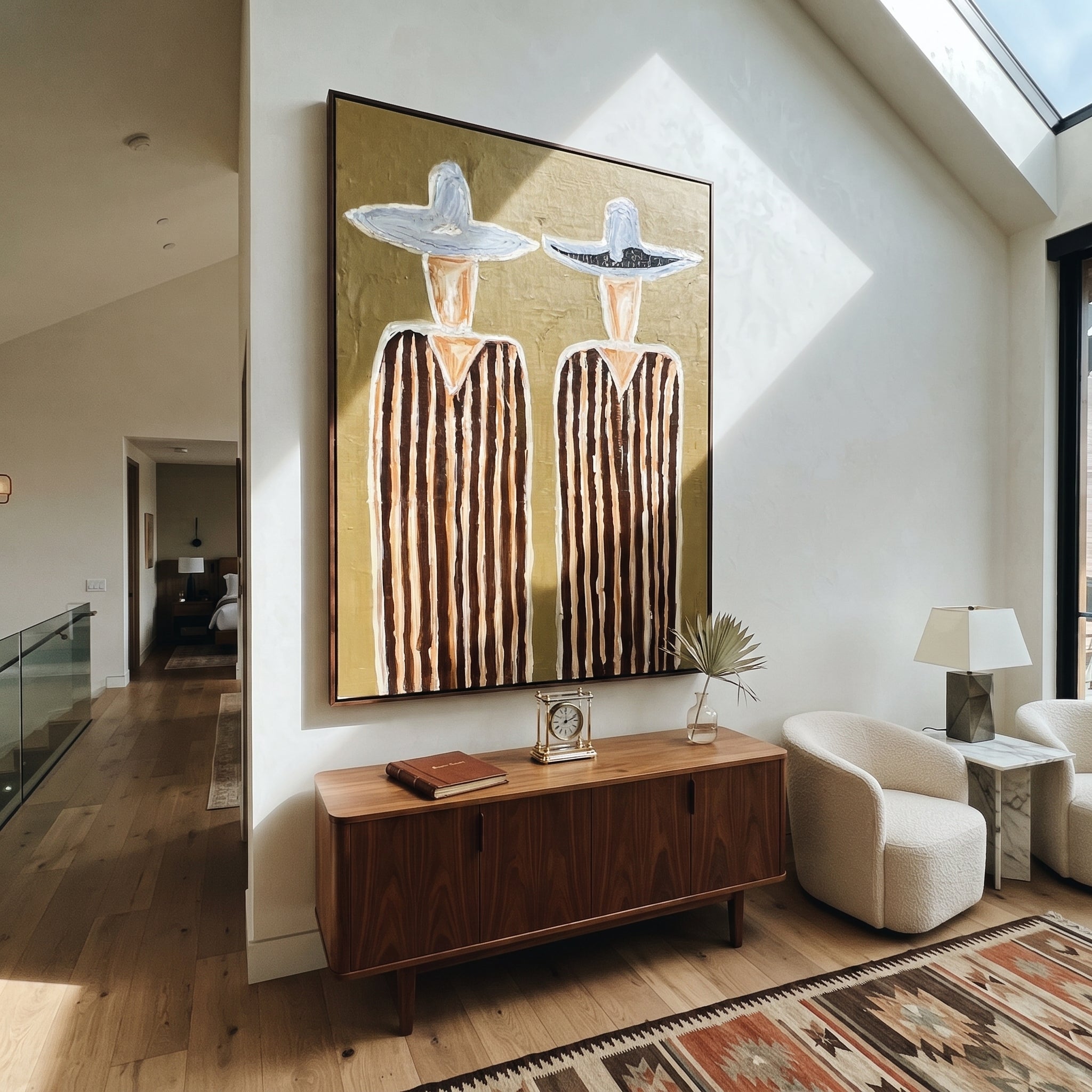 White Hats Crown Stripes - tall striped figure pair painting by Elliot Vale, modern figurative vertical wall art - styled room scene view 4