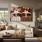 Pink Hats Meet Bark - pink hat figure pair painting by Elliot Vale, modern figurative horizontal wall art - styled room scene view 1