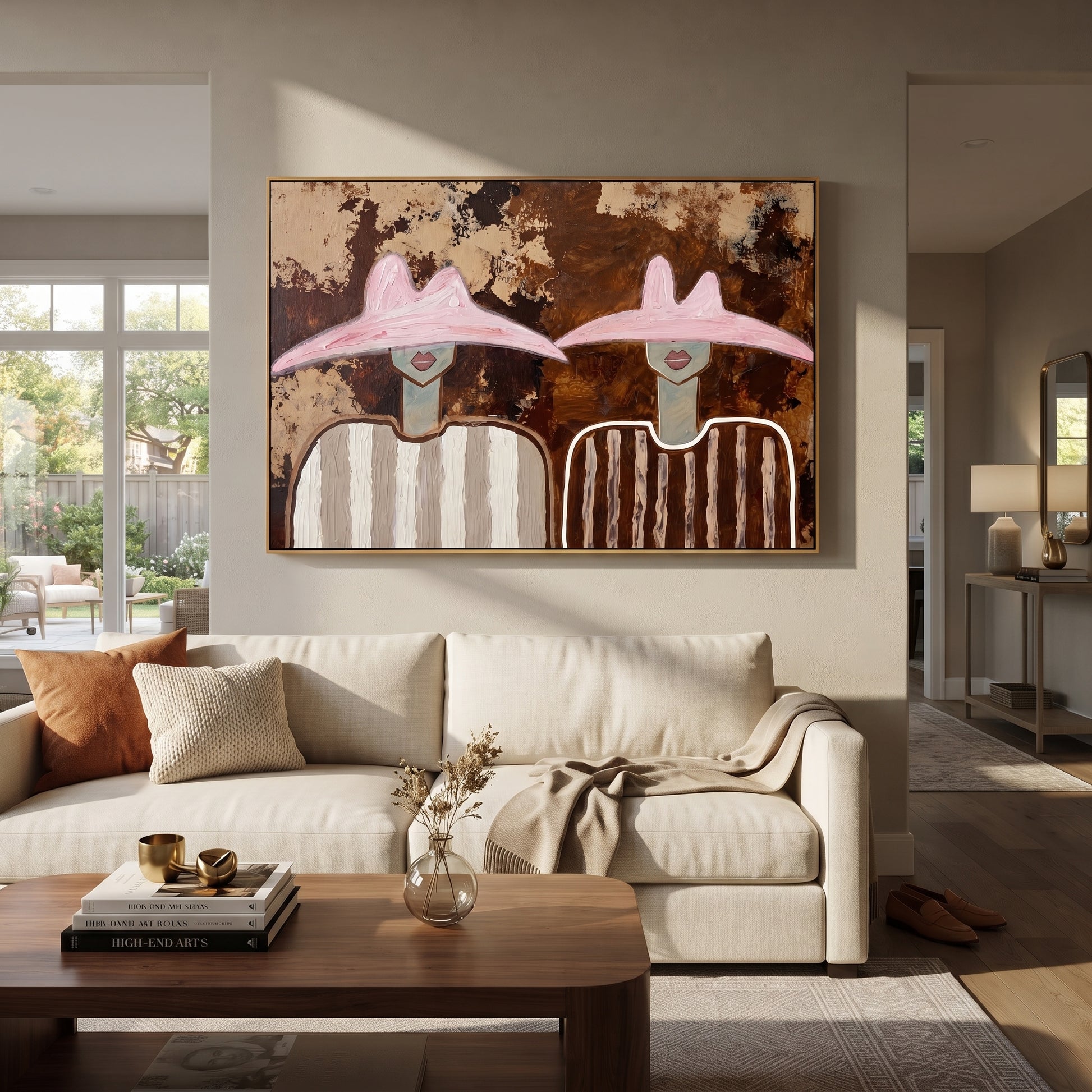 Pink Hats Meet Bark - pink hat figure pair painting by Elliot Vale, modern figurative horizontal wall art - styled room scene view 1