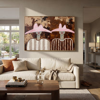 Pink Hats Meet Bark - pink hat figure pair painting by Elliot Vale, modern figurative horizontal wall art - styled room scene view 1