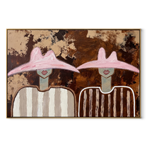 Pink Hats Meet Bark - pink hat figure pair painting by Elliot Vale, modern figurative horizontal wall art - wood frame on white background