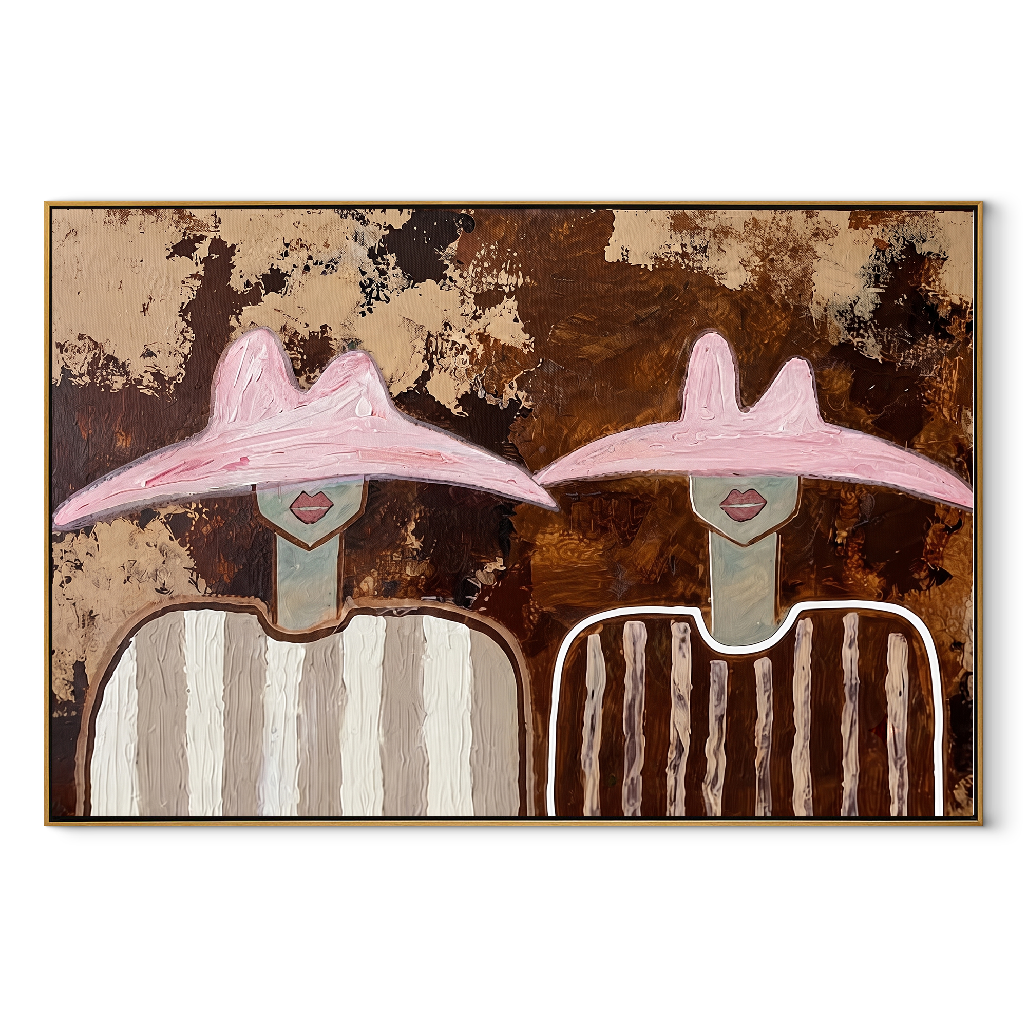 Pink Hats Meet Bark - pink hat figure pair painting by Elliot Vale, modern figurative horizontal wall art - wood frame on white background