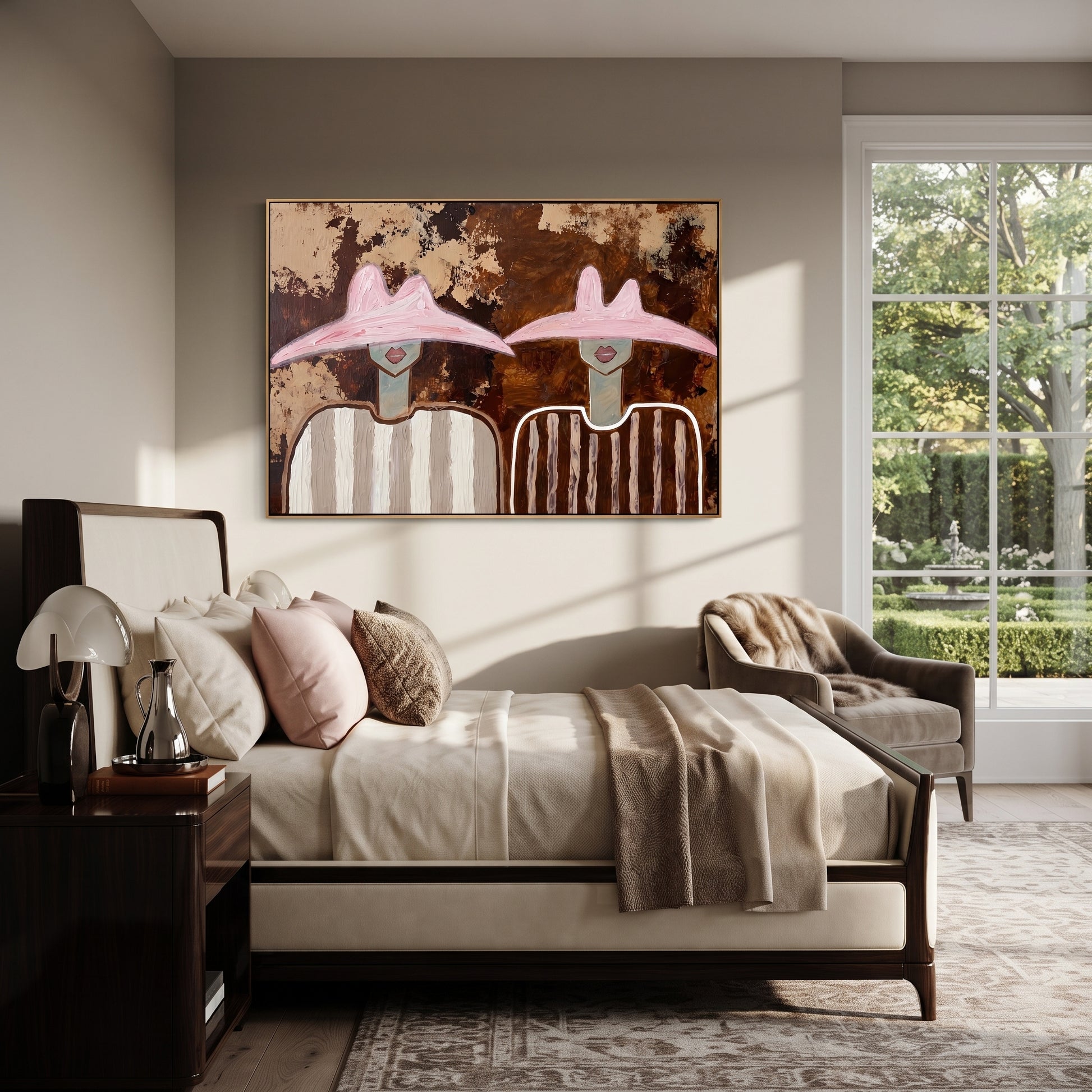 Pink Hats Meet Bark - pink hat figure pair painting by Elliot Vale, modern figurative horizontal wall art - styled room scene view 3