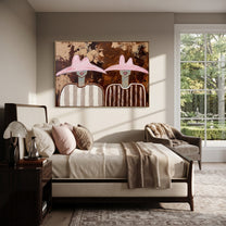 Pink Hats Meet Bark - pink hat figure pair painting by Elliot Vale, modern figurative horizontal wall art - styled room scene view 3