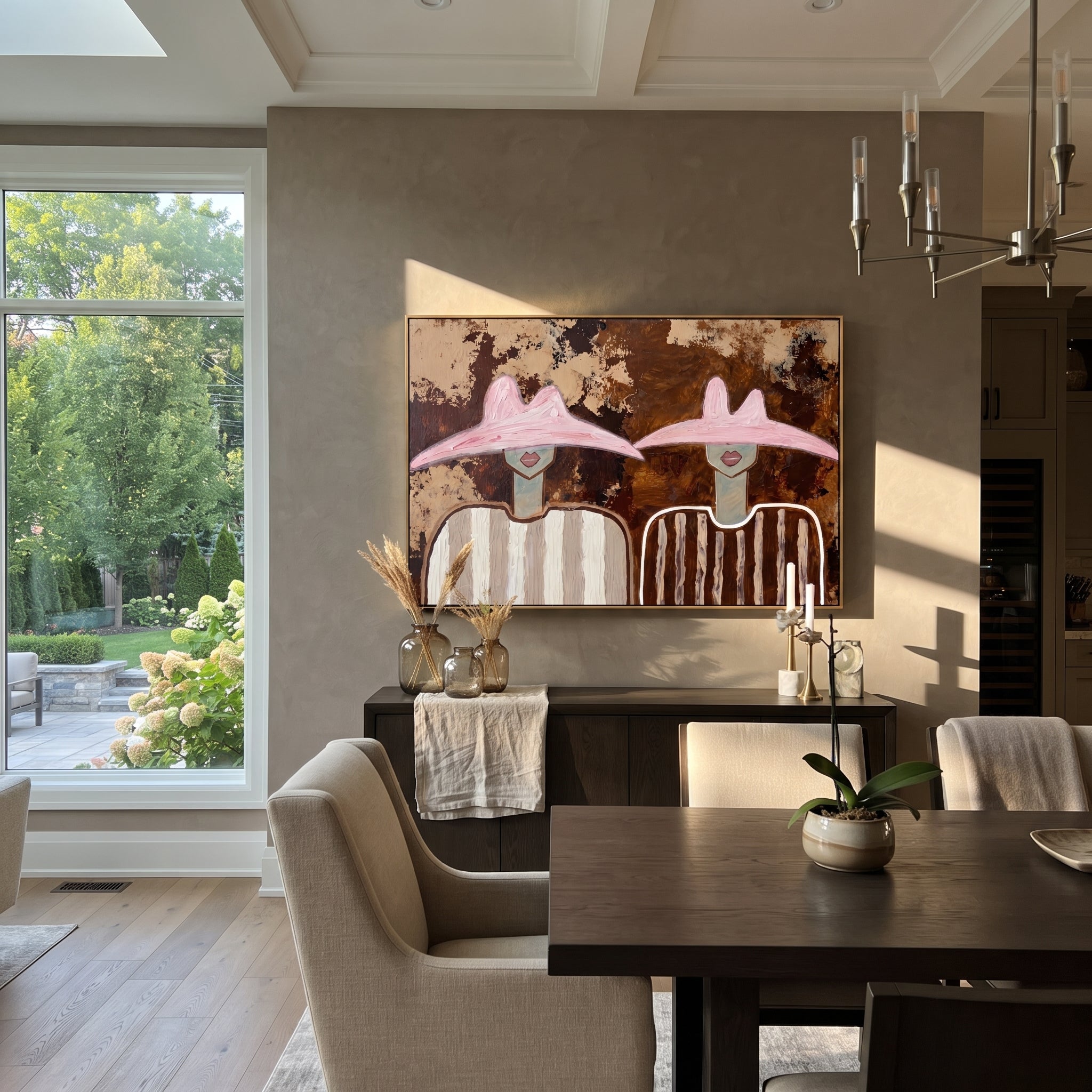Pink Hats Meet Bark - pink hat figure pair painting by Elliot Vale, modern figurative horizontal wall art - styled room scene view 4