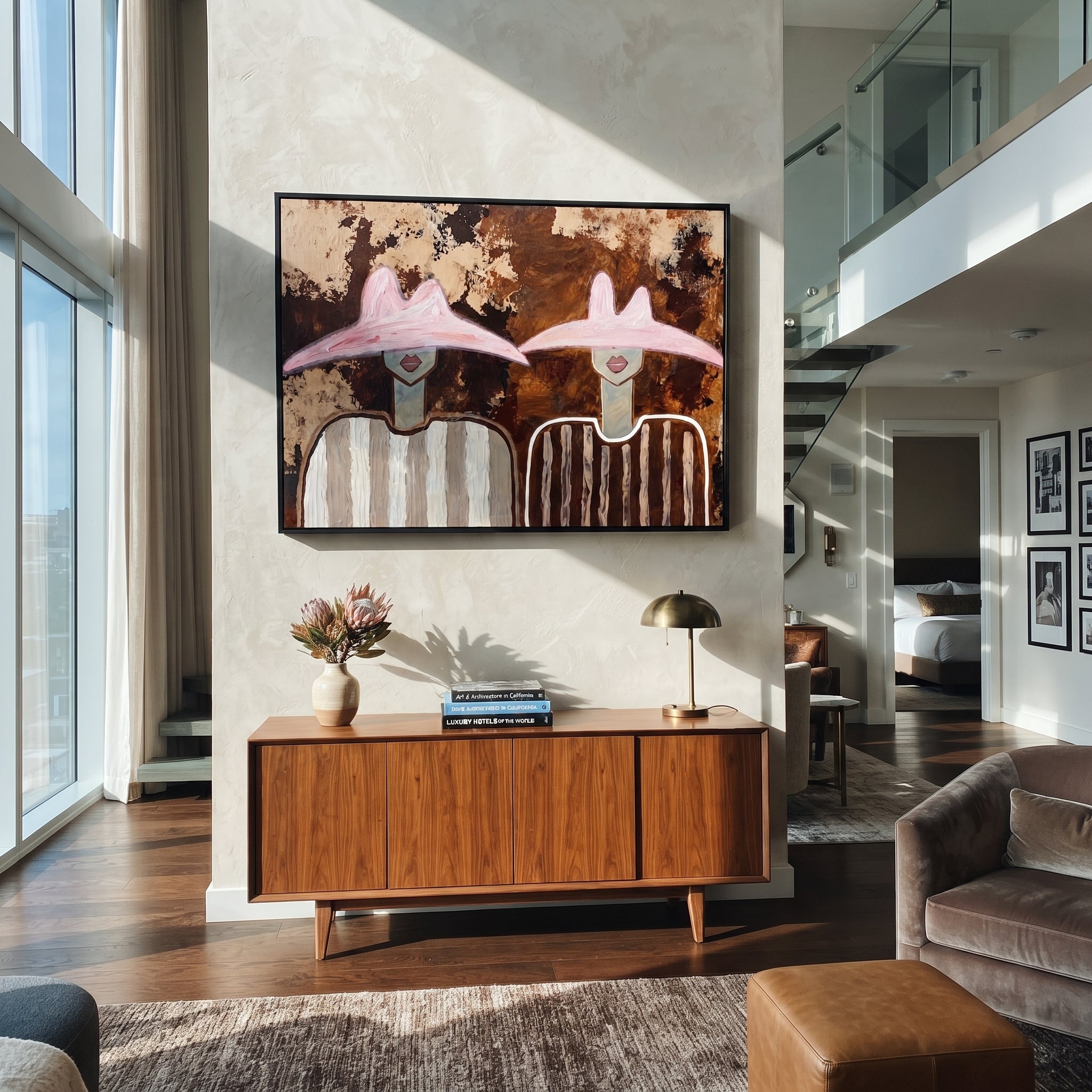 Pink Hats Meet Bark - pink hat figure pair painting by Elliot Vale, modern figurative horizontal wall art - styled room scene view 5