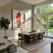 Red Coat Meets Stripes - modern fashion pair painting by Elliot Vale, modern figurative square wall art - styled room scene view 1