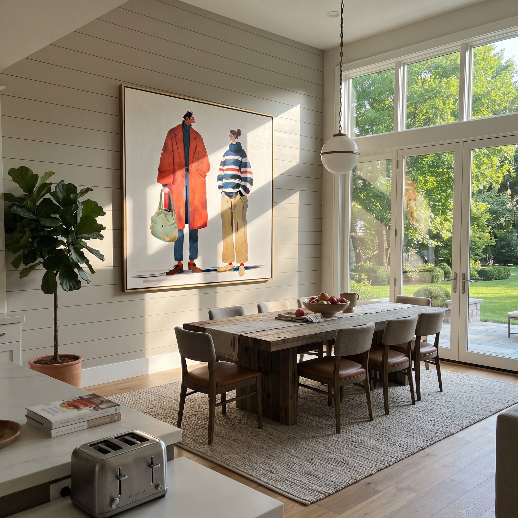 Red Coat Meets Stripes - modern fashion pair painting by Elliot Vale, modern figurative square wall art - styled room scene view 1