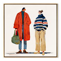 Red Coat Meets Stripes - modern fashion pair painting by Elliot Vale, modern figurative square wall art - wood frame on white background