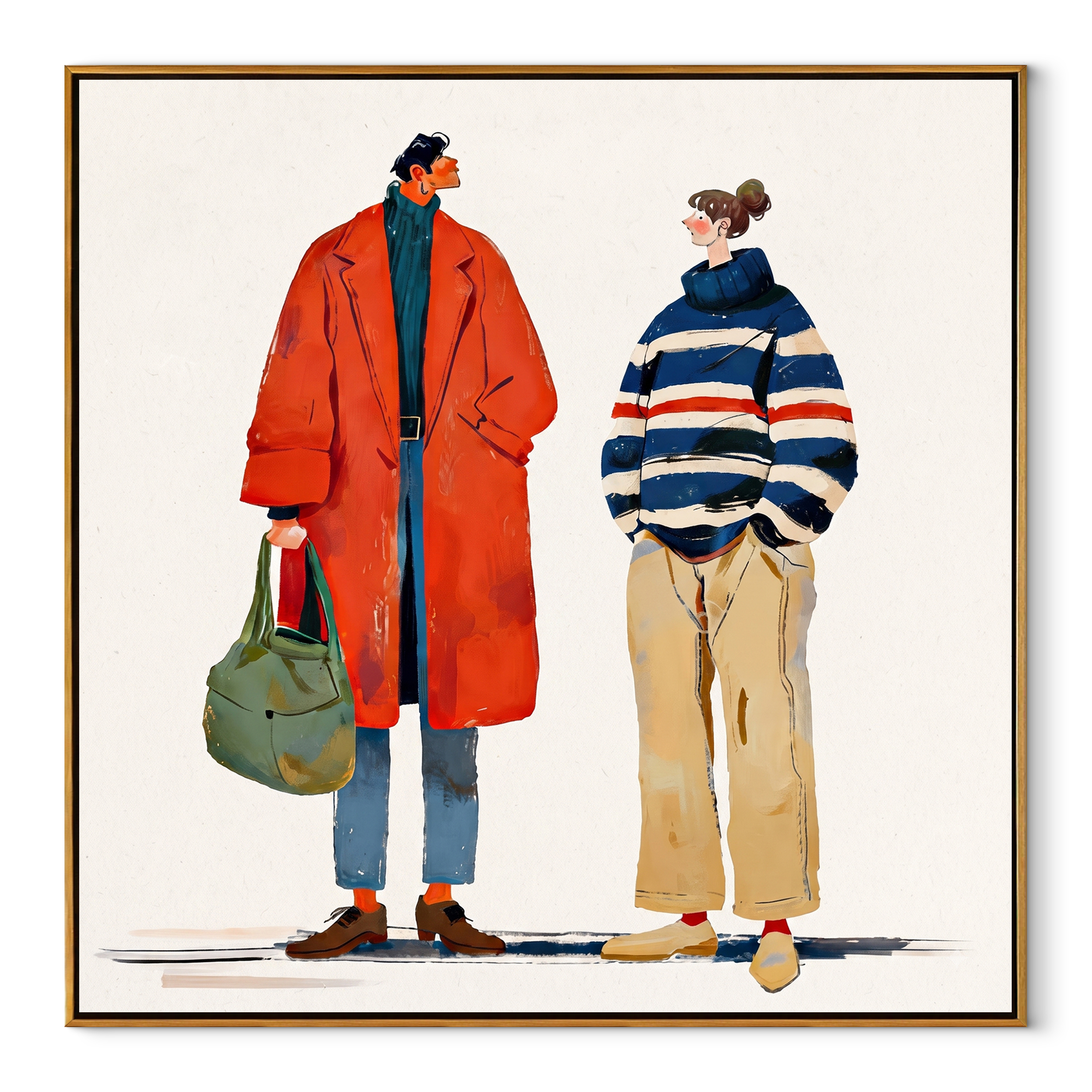 Red Coat Meets Stripes - modern fashion pair painting by Elliot Vale, modern figurative square wall art - wood frame on white background