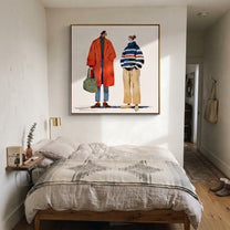 Red Coat Meets Stripes - modern fashion pair painting by Elliot Vale, modern figurative square wall art - styled room scene view 2