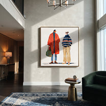 Red Coat Meets Stripes - modern fashion pair painting by Elliot Vale, modern figurative square wall art - styled room scene view 3