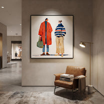 Red Coat Meets Stripes - modern fashion pair painting by Elliot Vale, modern figurative square wall art - styled room scene view 4