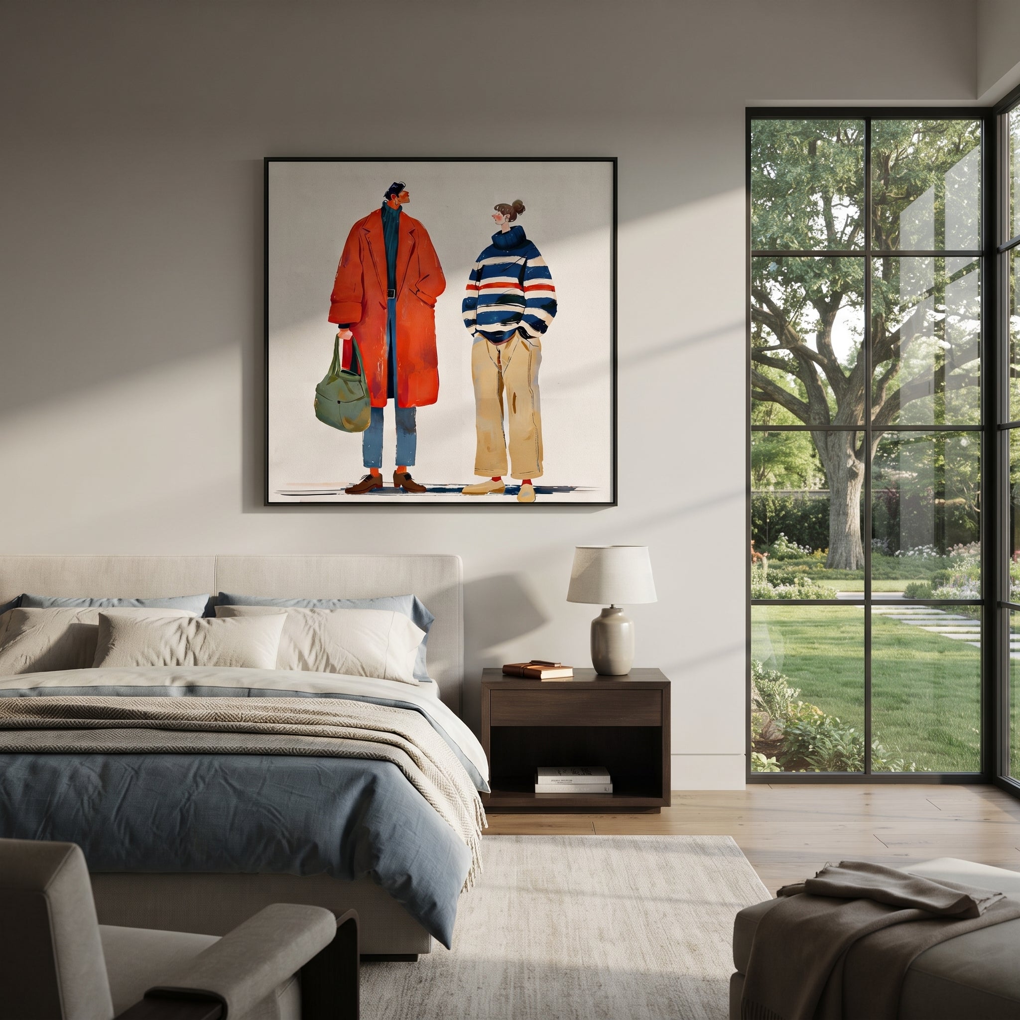 Red Coat Meets Stripes - modern fashion pair painting by Elliot Vale, modern figurative square wall art - styled room scene view 5