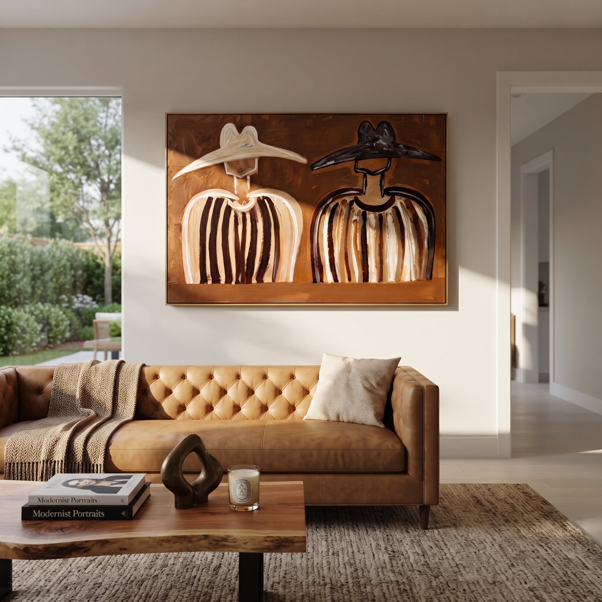 White Brim Meets Shadow - earth stripe figure pair painting by Elliot Vale, modern figurative horizontal wall art - styled room scene view 1