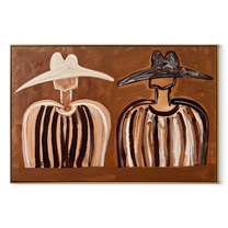 White Brim Meets Shadow - earth stripe figure pair painting by Elliot Vale, modern figurative horizontal wall art - wood frame on white background