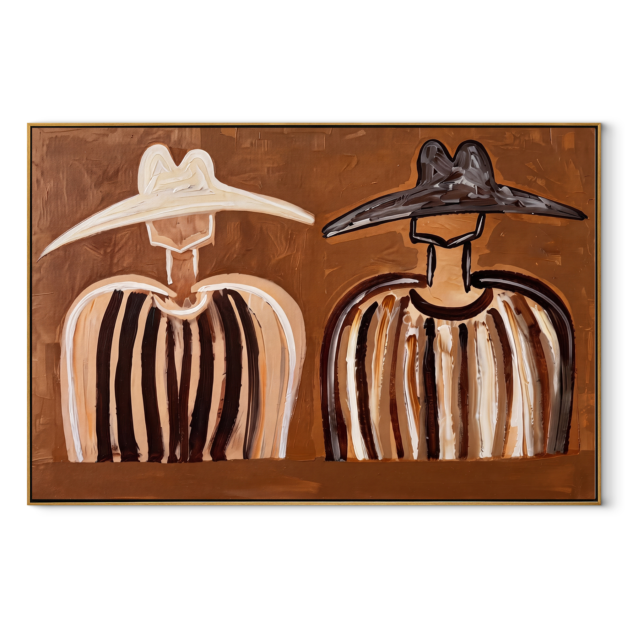 White Brim Meets Shadow - earth stripe figure pair painting by Elliot Vale, modern figurative horizontal wall art - wood frame on white background
