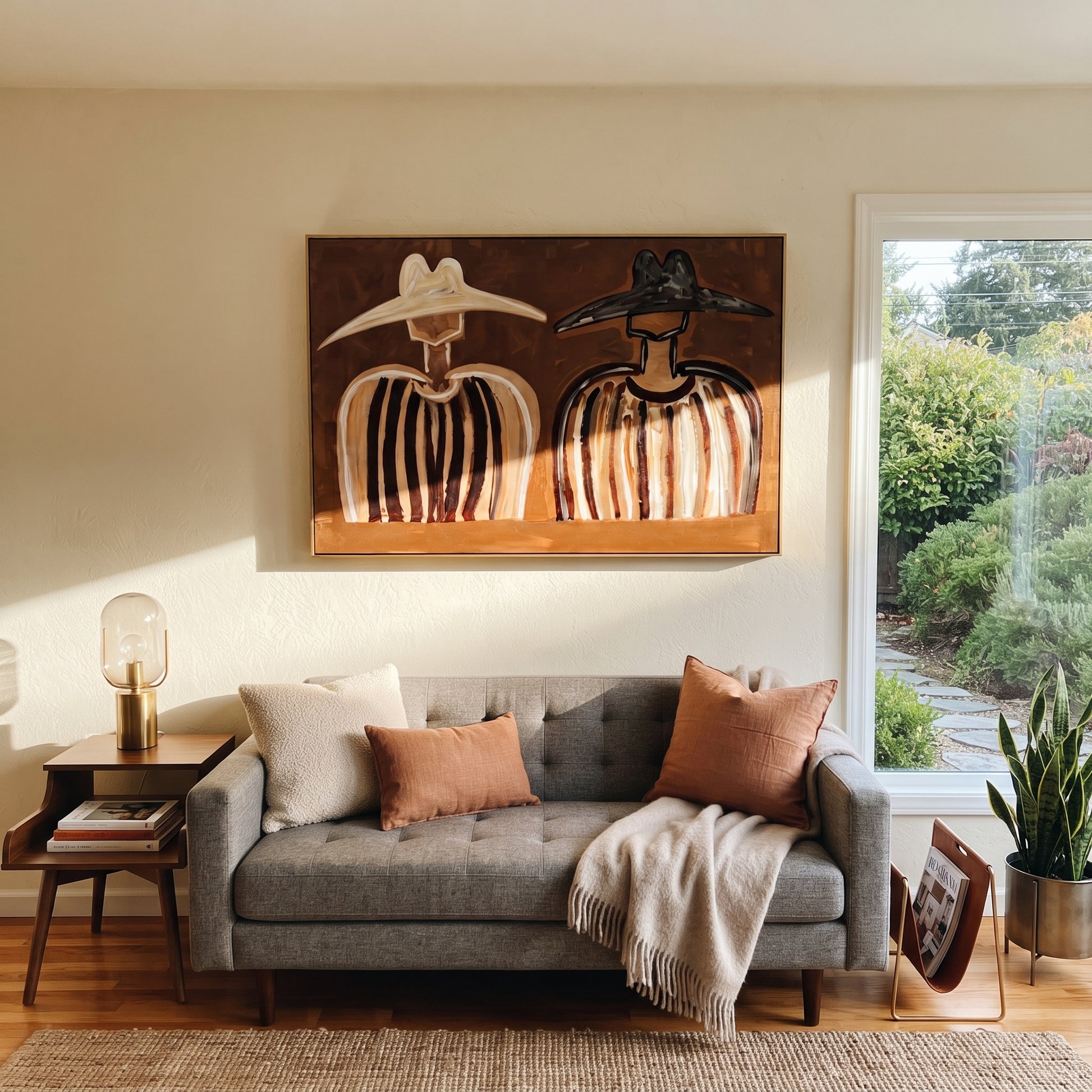 White Brim Meets Shadow - earth stripe figure pair painting by Elliot Vale, modern figurative horizontal wall art - styled room scene view 2