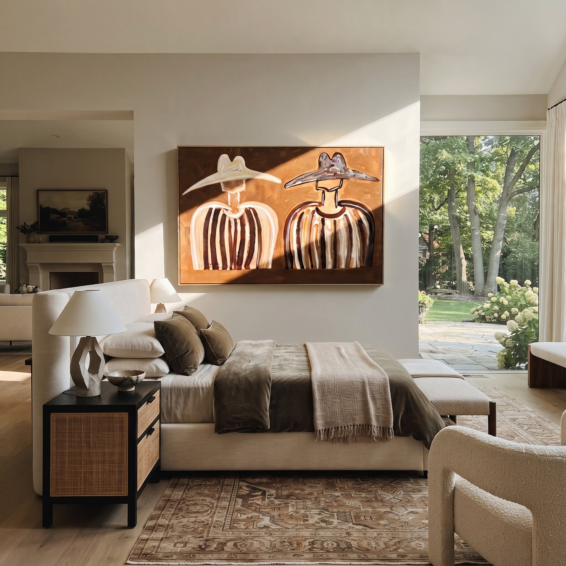 White Brim Meets Shadow - earth stripe figure pair painting by Elliot Vale, modern figurative horizontal wall art - styled room scene view 3