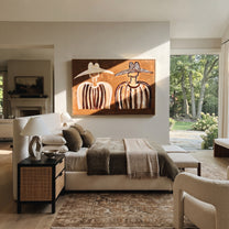 White Brim Meets Shadow - earth stripe figure pair painting by Elliot Vale, modern figurative horizontal wall art - styled room scene view 3