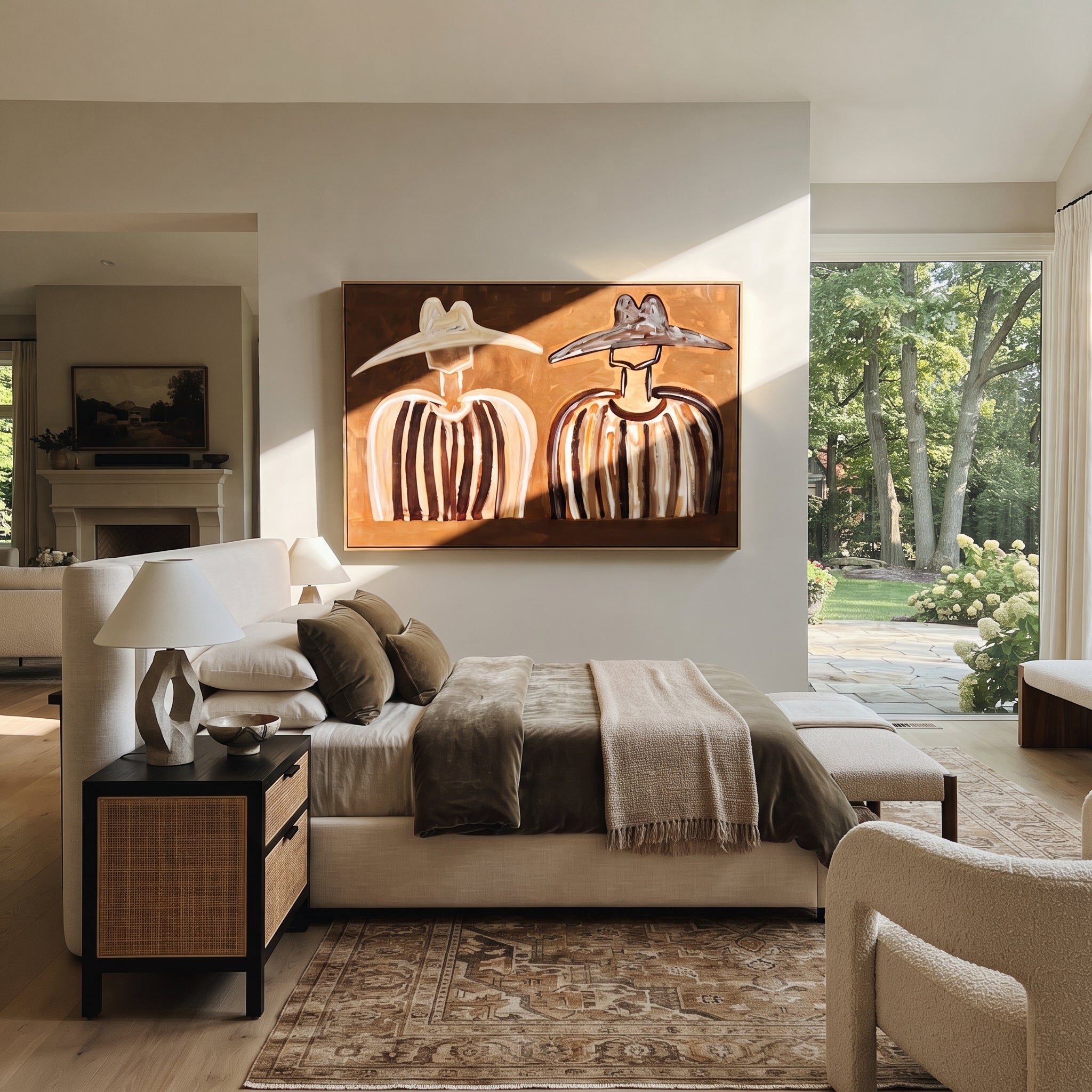 White Brim Meets Shadow - earth stripe figure pair painting by Elliot Vale, modern figurative horizontal wall art - styled room scene view 3