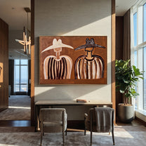 White Brim Meets Shadow - earth stripe figure pair painting by Elliot Vale, modern figurative horizontal wall art - styled room scene view 5