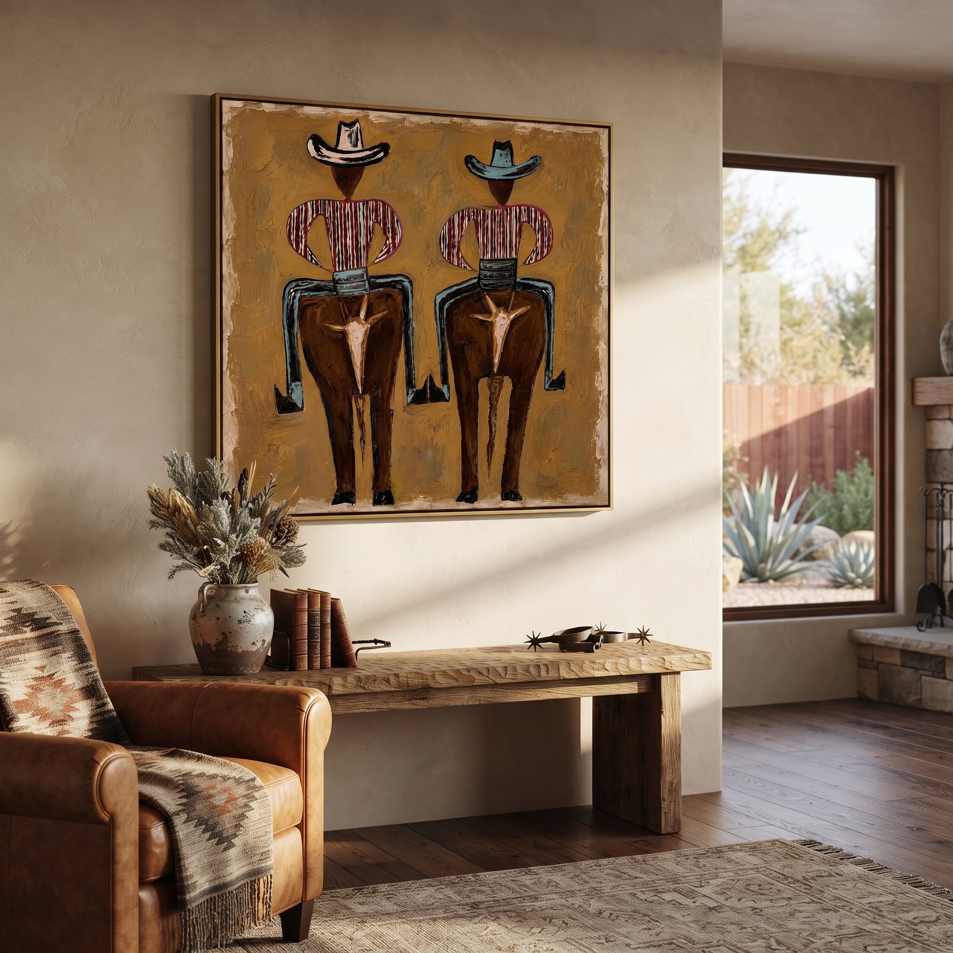 Two Figures Wear Saddles - surreal western figure pair painting by Elliot Vale, modern figurative square wall art - styled room scene view 1
