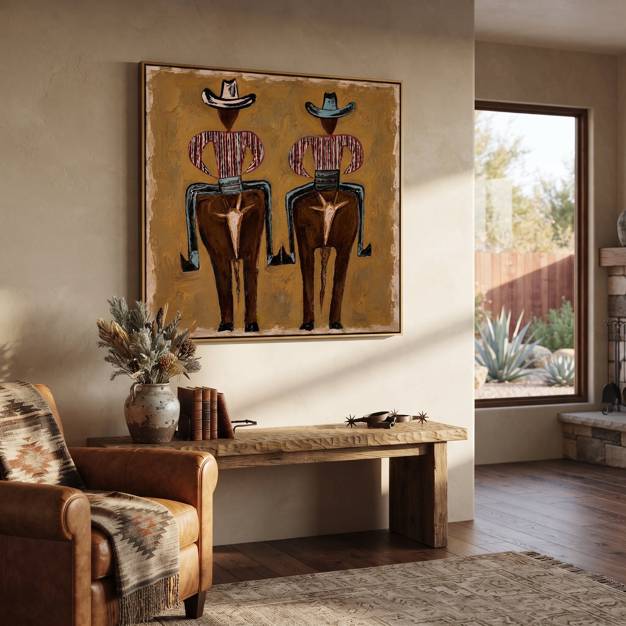 Two Figures Wear Saddles - surreal western figure pair painting by Elliot Vale, modern figurative square wall art - styled room scene view 1