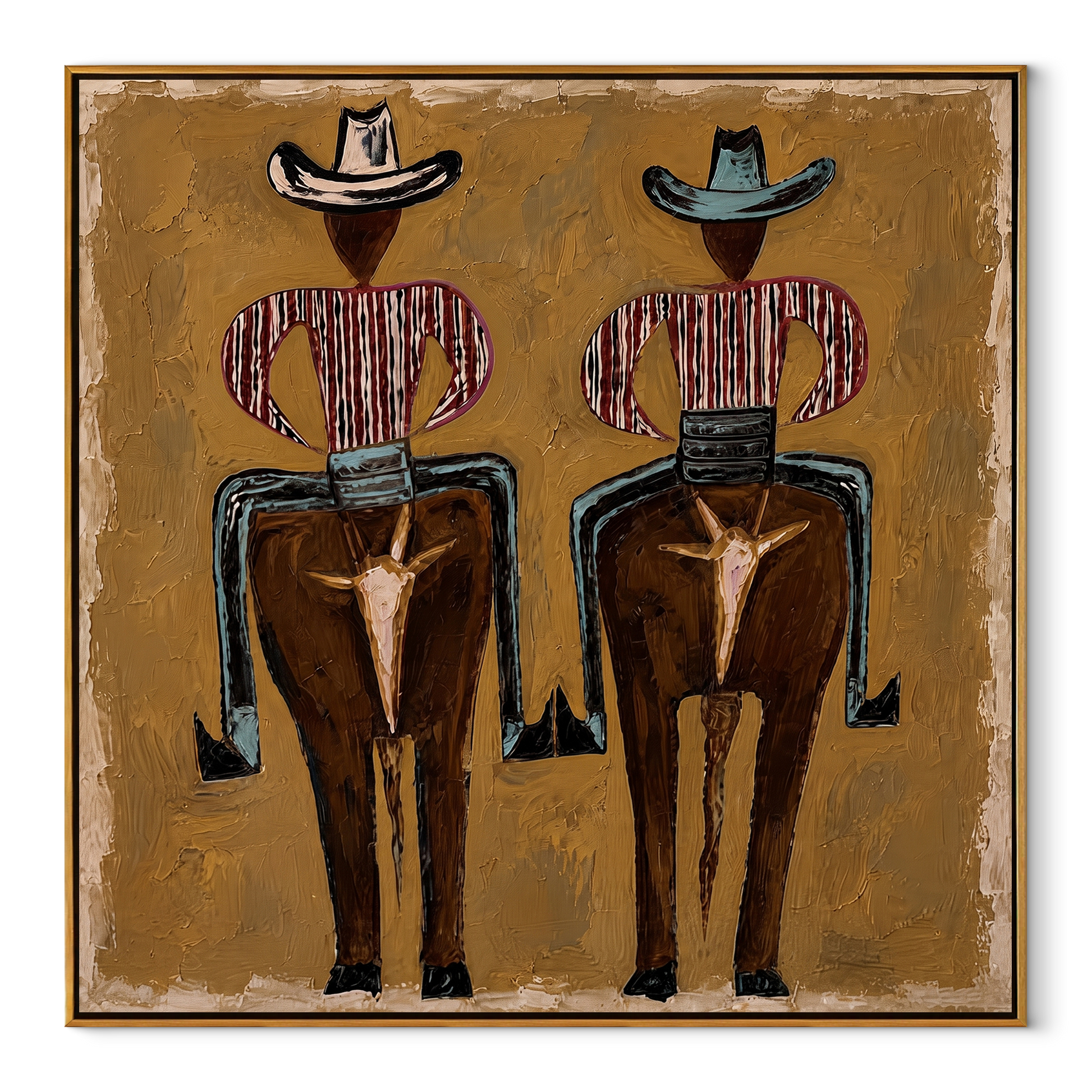 Two Figures Wear Saddles - surreal western figure pair painting by Elliot Vale, modern figurative square wall art - wood frame on white background