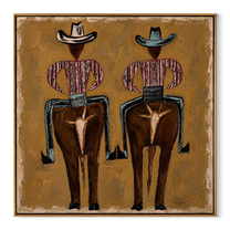 Two Figures Wear Saddles - surreal western figure pair painting by Elliot Vale, modern figurative square wall art - wood frame on white background