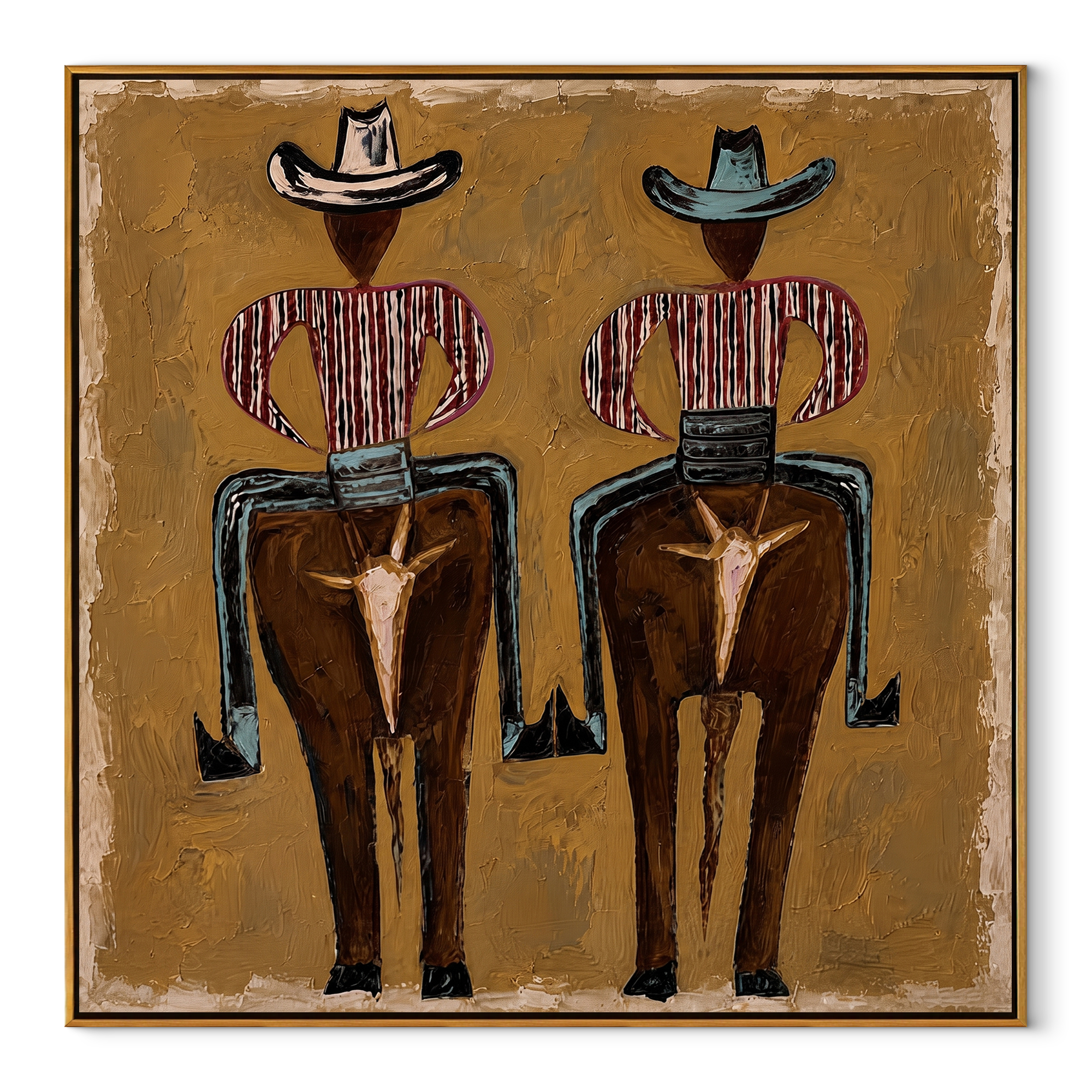 Two Figures Wear Saddles - surreal western figure pair painting by Elliot Vale, modern figurative square wall art - wood frame on white background