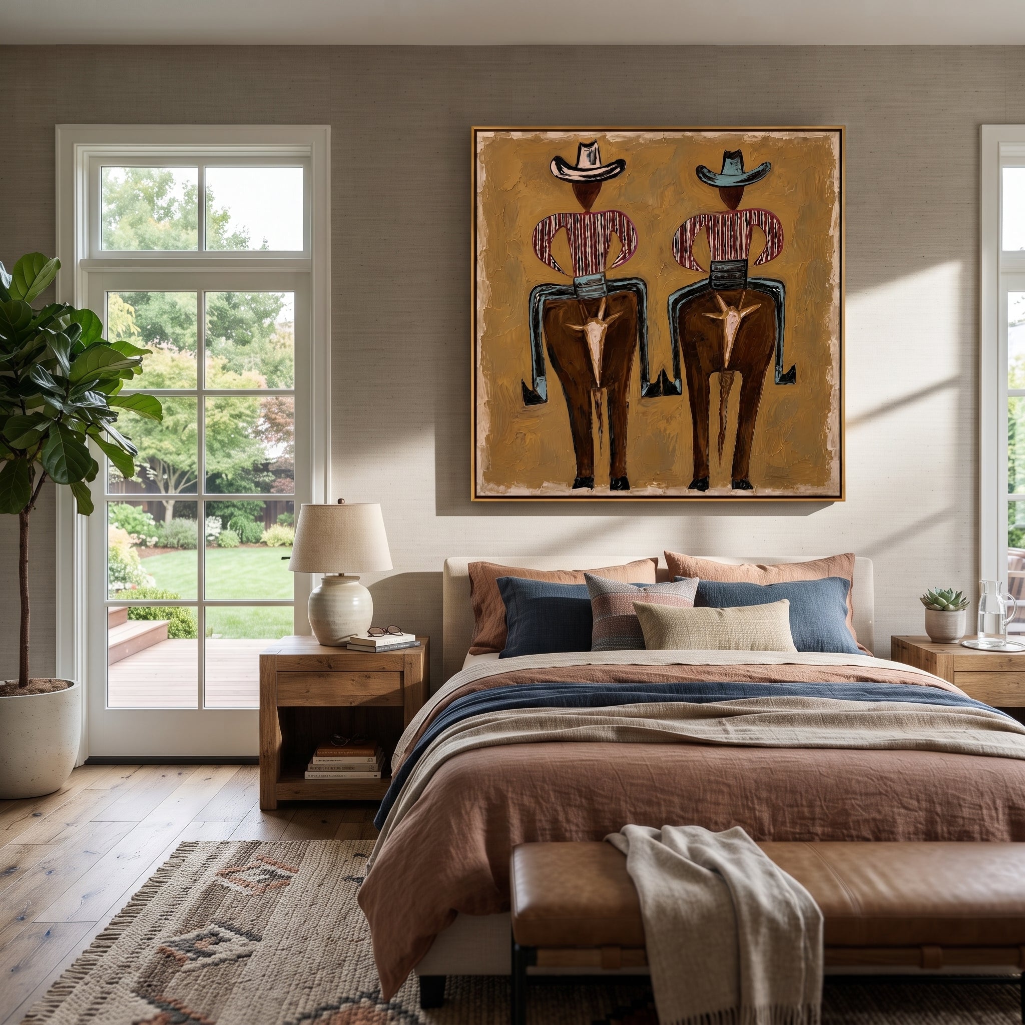 Two Figures Wear Saddles - surreal western figure pair painting by Elliot Vale, modern figurative square wall art - styled room scene view 2