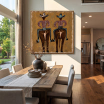 Two Figures Wear Saddles - surreal western figure pair painting by Elliot Vale, modern figurative square wall art - styled room scene view 3