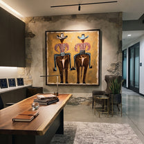 Two Figures Wear Saddles - surreal western figure pair painting by Elliot Vale, modern figurative square wall art - styled room scene view 4