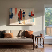Red Coat Crosses City - modern fashion pair painting by Elliot Vale, modern figurative horizontal wall art - styled room scene view 1