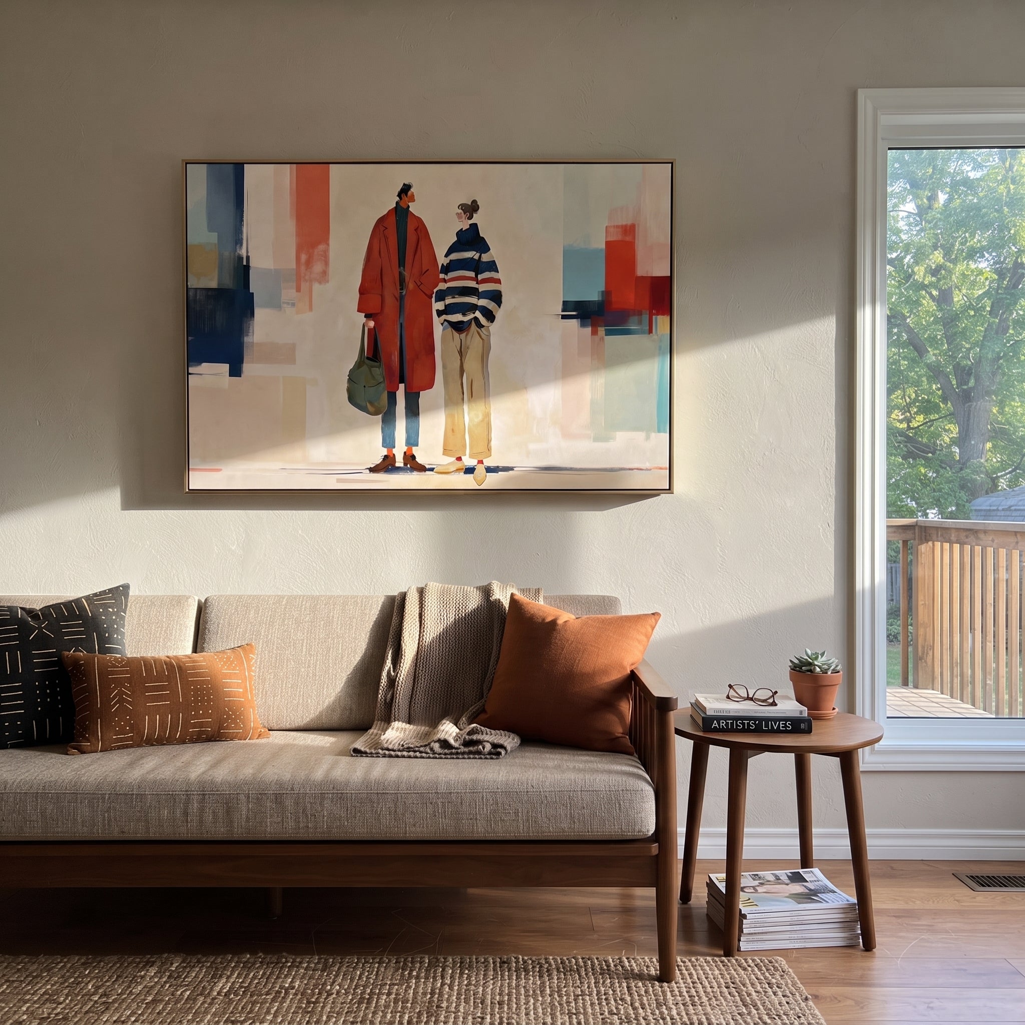 Red Coat Crosses City - modern fashion pair painting by Elliot Vale, modern figurative horizontal wall art - styled room scene view 1